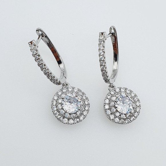 925 Silver Round Plated CZ Drop Earrings for Women, FB16FA1121 - Picture 2 of 6
